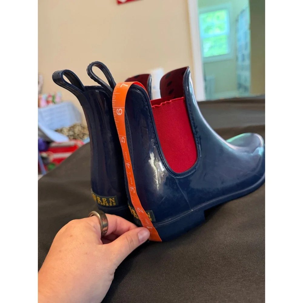 Lauren Ralph Lauren Tally Navy Blue Red Chelsea Rain Boots Womens 9 Polka Dot